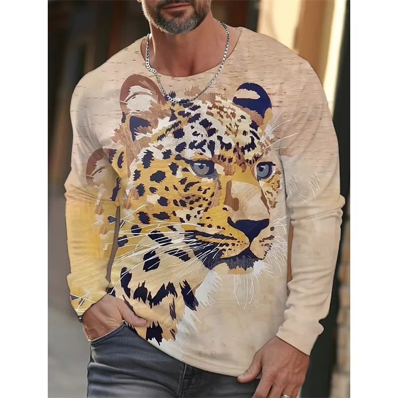 Mens Fashion Clothes - 3D-Druck Lässiges Langarm-Herren-T-Shirt 2026 HD Leopardenmuster