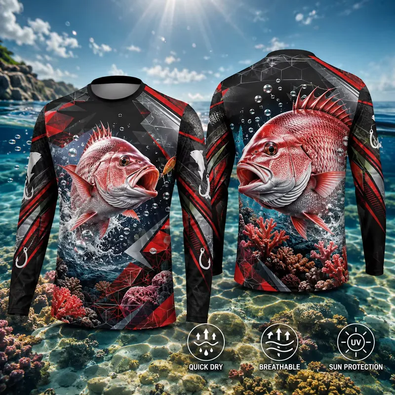 Mens Fashion Summer - 3D-Druck Lässiges Langarm-Angelhemd mit Rotem Schnapper-Motiv