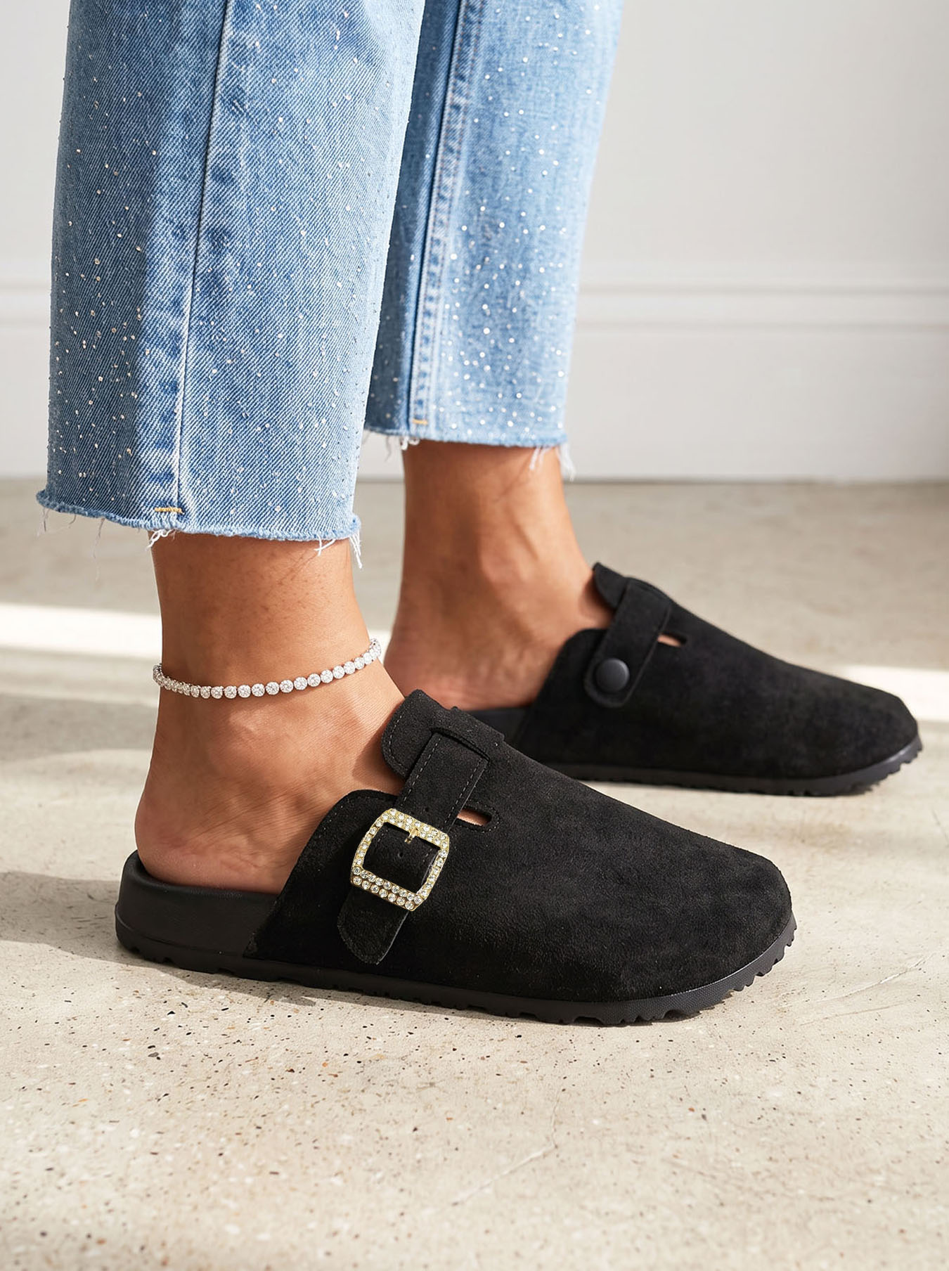 Men'S Fashion News - Herren-Clogs in Übergröße, Wildleder-Mules mit Strass-Schnalle,