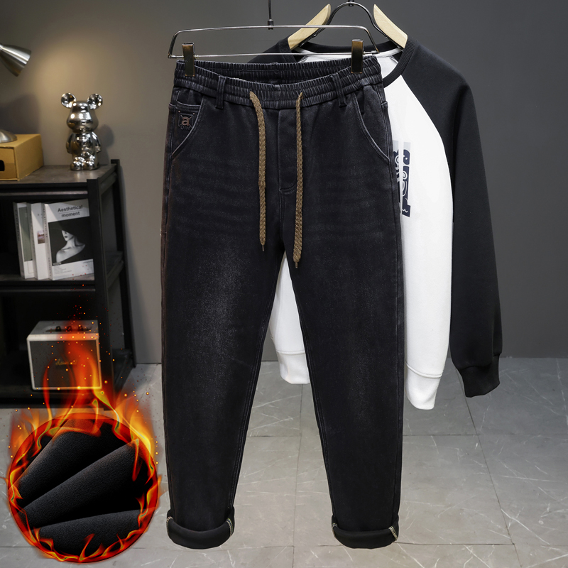 Men'S Fashion Grey Jeans - Herren Winter Neue Fleece-Jeans mit Elastischem